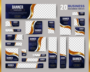 Professional business web ad banner template with photo place. Modern layout black background and gold shape and text design