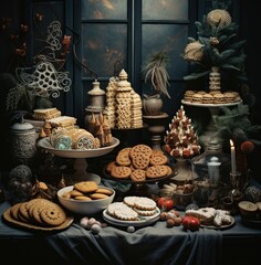 Fototapeta premium Tasty homemade Christmas cookies on the table. Gingerbread. Christmas holiday treats.