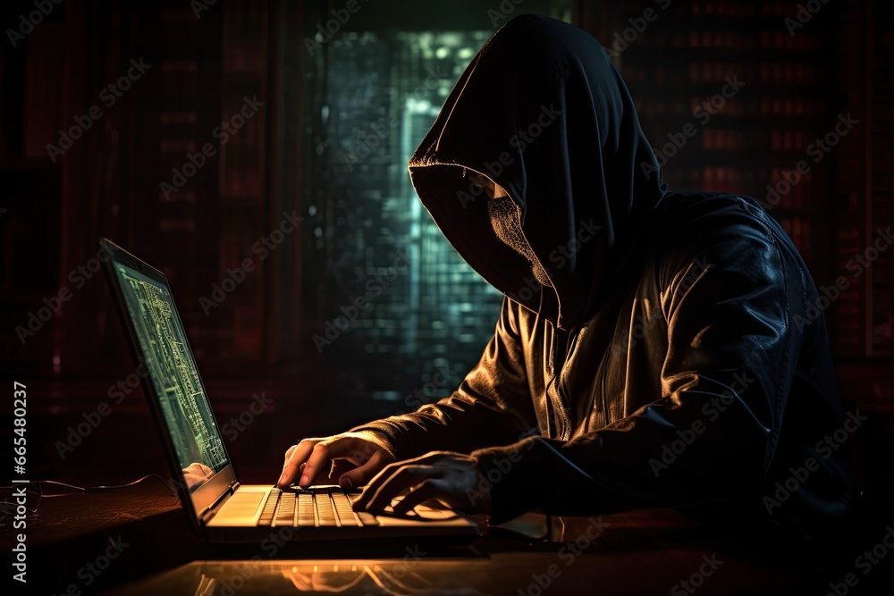 Poster hooded hacker stealing data from a laptop. cybercrime concept, hacker without a face is trying to st