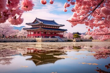 Beautiful Architecture in Gyeongbokgung Palace with cherry blossom at spring time in Seoul, South Korea, Gyeongbokgung palace with cherry blossom tree in spring time in seoul city, AI Generated - obrazy, fototapety, plakaty