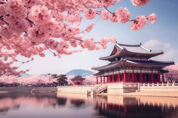 Beautiful Gyeongbokgung Palace in Seoul, South Korea, Gyeongbokgung palace with cherry blossom tree...