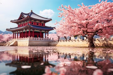 Beautiful chinese temple with cherry blossom in spring time, Gyeongbokgung palace with cherry blossom tree in spring time in seoul city of korea, south korea, AI Generated