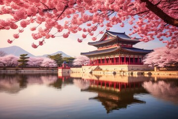 Beautiful Gyeongbokgung Palace in Seoul, South Korea, Gyeongbokgung palace with cherry blossom tree in spring time in seoul city of korea, south korea, AI Generated