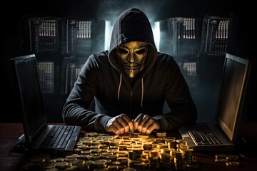 Hacker with computer and golden coins on dark background. Cybercrime concept, hacker without a face is trying to steal cryptocurrency using a computer, AI Generated