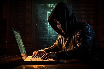 Hooded hacker stealing data from a laptop. Cybercrime concept, hacker without a face is trying to...