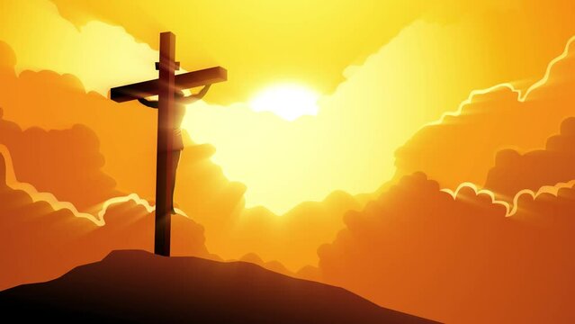 Biblical motion graphics series, back view of Jesus on the cross wearing a crown of thorns