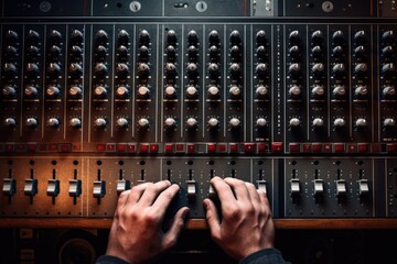 Close up of sound engineer hands working on mixing console in recording studio, Hand on a sound mixer station, top view, AI Generated - Powered by Adobe