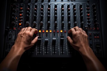 Close up of a dj's hands adjusting the volume on a sound mixer, Hand on a sound mixer station, top view, AI Generated