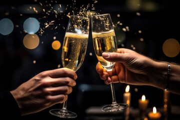 Close-up of two hands clinking glasses of champagne with bokeh background, Hands of couple with flutes of champagne and their friends with bengal lights, AI Generated