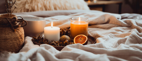Flatlay candle composition on tray on linen bad sheet. Romantic still life with soft lights. Top view. Romantic mockup, template. Morning relax,ambience. Hotels bedroom. Generative ai.
