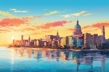 Chicago skyline at sunset, USA. Vector illustration in watercolor style, Capitolio building in Havana Cuba, AI Generated