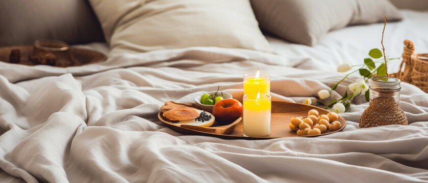 Close up of candle composition on tray on linen bad sheet. Top view, flat lay, Romantic still life with foods, fruits. Romantic mockup, template. Morning relax,ambience.Hotels bedroom.Generative ai.