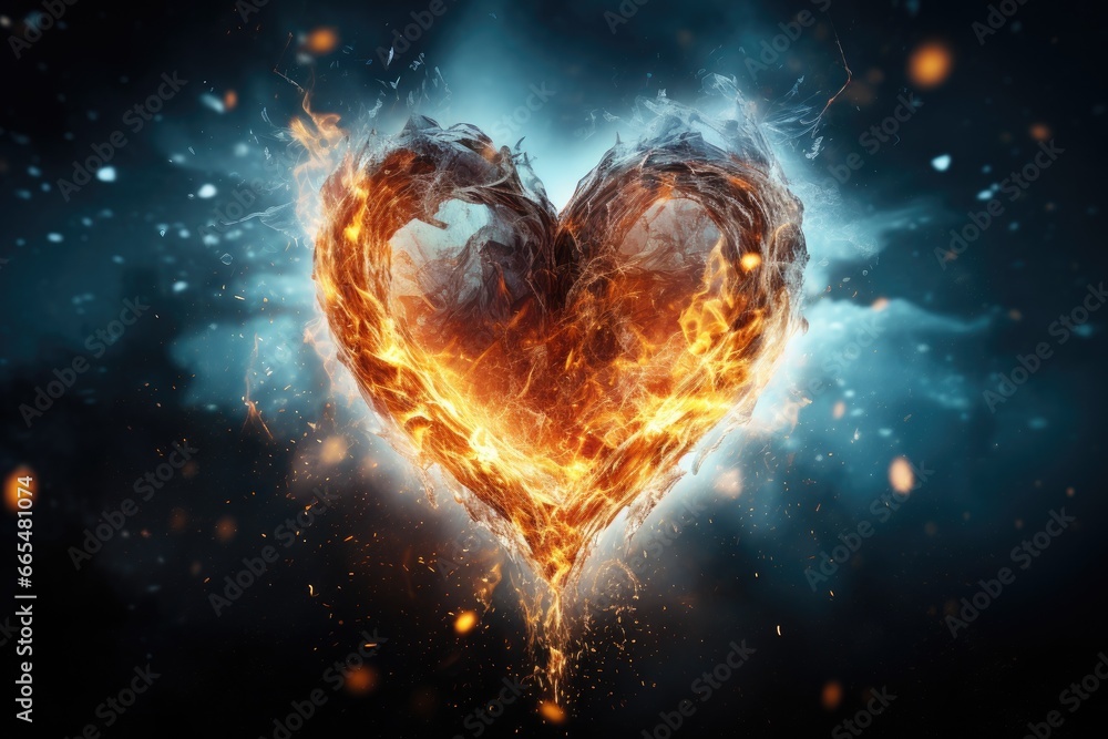 Poster burning heart on a dark background. 3d rendering toned image, heart in fire. striking image of heart
