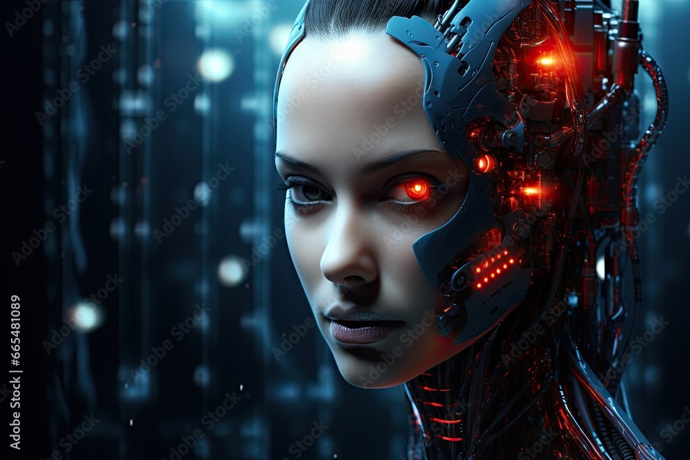 Poster 3d rendering of a female cyborg with red eyes and dark background, hi tech robot close up view portr