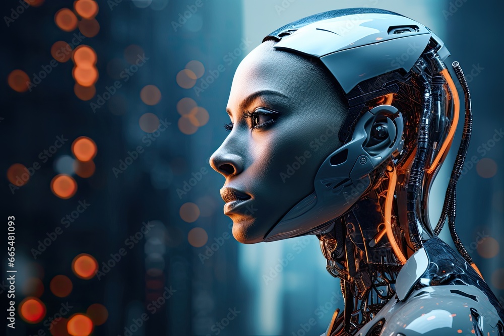 Poster cyborg woman face in front of futuristic background. 3d rendering, hi tech robot close up view portr