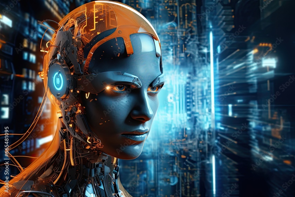 Aufkleber 3d rendering of a female cyborg with circuit board in the background, hi tech robot close up view po