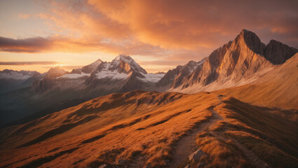 Fototapeta na wymiar Breathtaking time-lapse of a stunning mountain peak at sunrise, bathed in golden alpenglow.