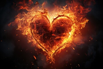 Heart in fire on dark background. Love concept. 3D Rendering, heart in fire. Striking image of heart made with fire and ice, AI Generated - obrazy, fototapety, plakaty