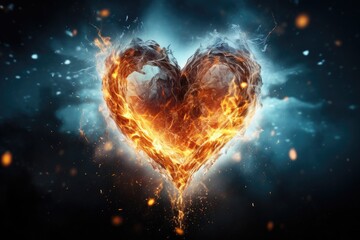 Burning heart on a dark background. 3d rendering toned image, heart in fire. Striking image of heart made with fire and ice, AI Generated