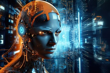 3D rendering of a female cyborg with circuit board in the background, Hi tech robot close up view portrait on a digital background, AI Generated