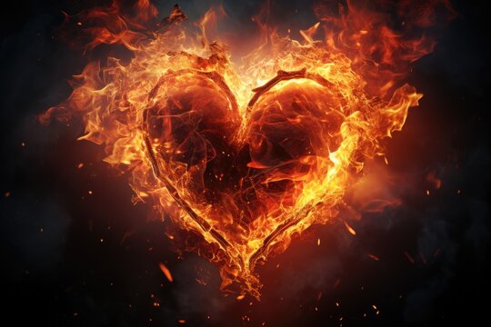 Fototapeta Heart in fire on dark background. Love concept. 3D Rendering, heart in fire. Striking image of heart made with fire and ice, AI Generated