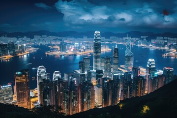 Hong Kong skyline at night. Hong Kong is the most densely populated of the five boroughs of Hong...