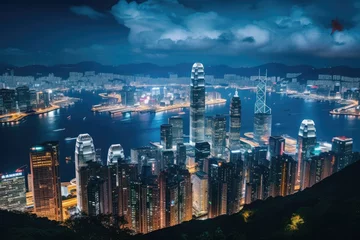 Poster Hong Kong skyline at night. Hong Kong is the most densely populated of the five boroughs of Hong Kong, Hong Kong city view from The Peak at twilight, AI Generated © Iftikhar alam