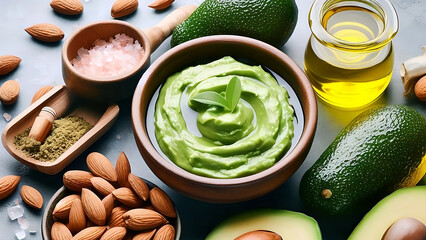 AvocIngredients for homemade hair mask: olive oil, almonds oil and avocados. Blog Banner