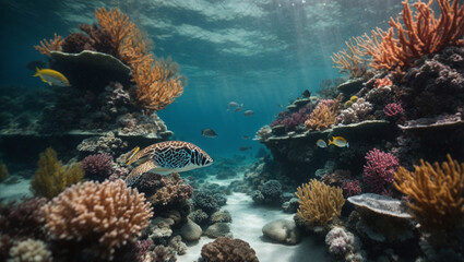 Fototapeta na wymiar Cinematic underwater footage of a diverse marine ecosystem with exotic creatures and vibrant coral.