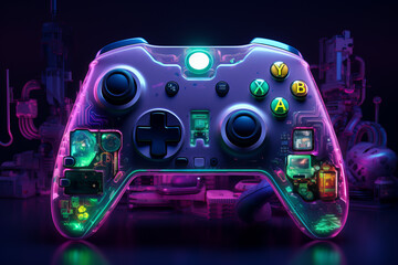 Video game controller, neon, gaming background