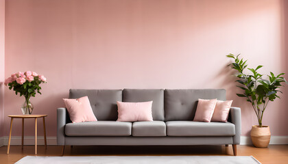 Living room with pink wall and grey couch