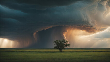Dramatic time-lapse of a tornado forming against a dramatic sky over an open prairie landscape. - obrazy, fototapety, plakaty