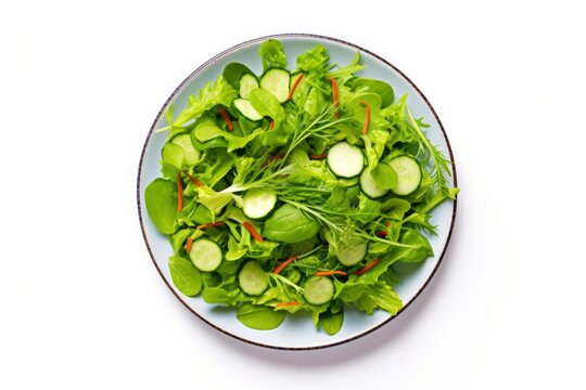 Healthy Fresh Green Salad Plate Shot From Above On White Background.