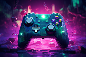 Video game controller, neon, gaming background