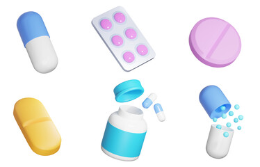 Pills, medicines and drugs, 3d icon set. Different forms of tablets. 3D object on a transparent background