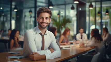 Young businessman sitting with his staff at office.