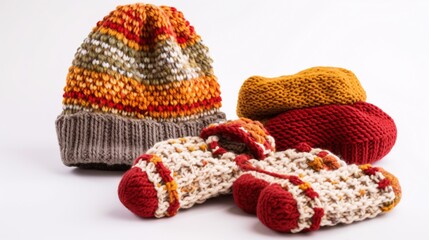 Cozy Knitted Socks and Hats on White Background, generative AI