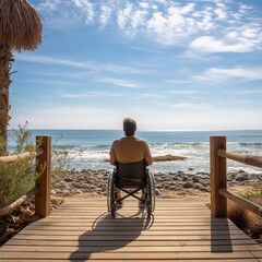 Fototapeta premium Man in Wheelchair on Boardwalk by the Ocean