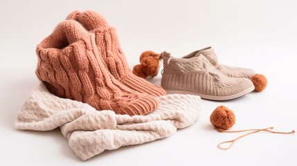 Cozy Knitted Socks and Hats on White Background, generative AI