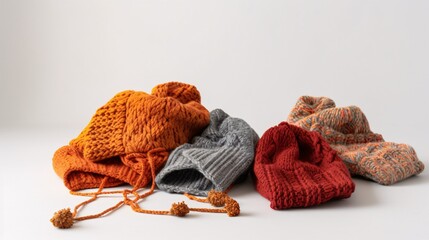 Cozy Knitted Socks and Hats on White Background, generative AI