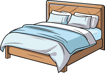 A cozy bed portrayed in a playful comic style, showcasing simplicity and vibrant flat colors in this minimalistic vector artwork.