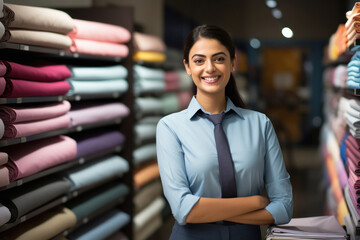 Young indian saleswoman standing at clothing store.