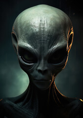 Intergalactic Gaze: A Poster Depicting a Grey Alien Looking into the Camera, Unveiling the Mysteries of Extraterrestrial Existence, Crafted by Generative AI