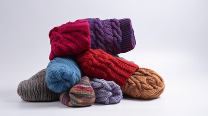 Cozy Knitted Socks and Hats on White Background, generative AI
