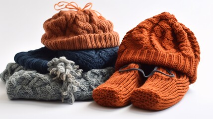Cozy Knitted Socks and Hats on White Background, generative AI