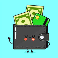 Cute funny Wallet with money and credit card waving hand. Vector hand drawn cartoon kawaii character illustration icon. Isolated on blue background. Wallet with money and credit card character concept