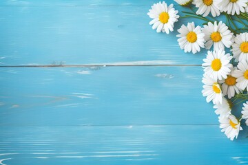 Daisy border on blue wood.