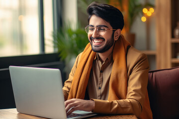 Young man using laptop, smiling