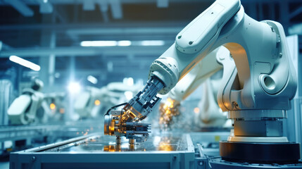 Precision engineering: A robotic arm at work in a fully automated facility - obrazy, fototapety, plakaty