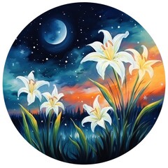 Obraz na płótnie Canvas Watercolor fairy lilies blooming under a starry night sky on a white background.